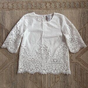 White Cotton Lace Eyelet Blouse Boho Resort European Summer Top Women 8 Chico’s